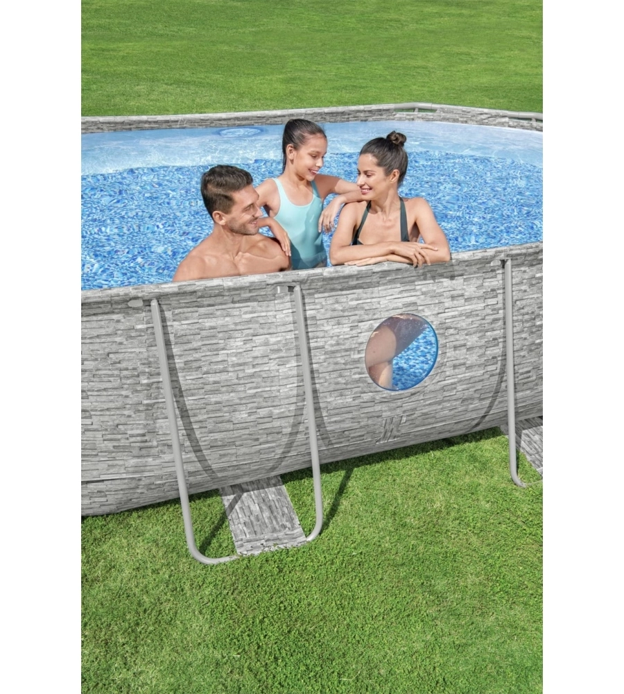 PISCINA FUORI TERRA CON STRUTTURA OVALE BESTWAY "POWER STEEL SWIM VISTA" CON OBLO' EFFETTO PIETRA 488X305X107 CM