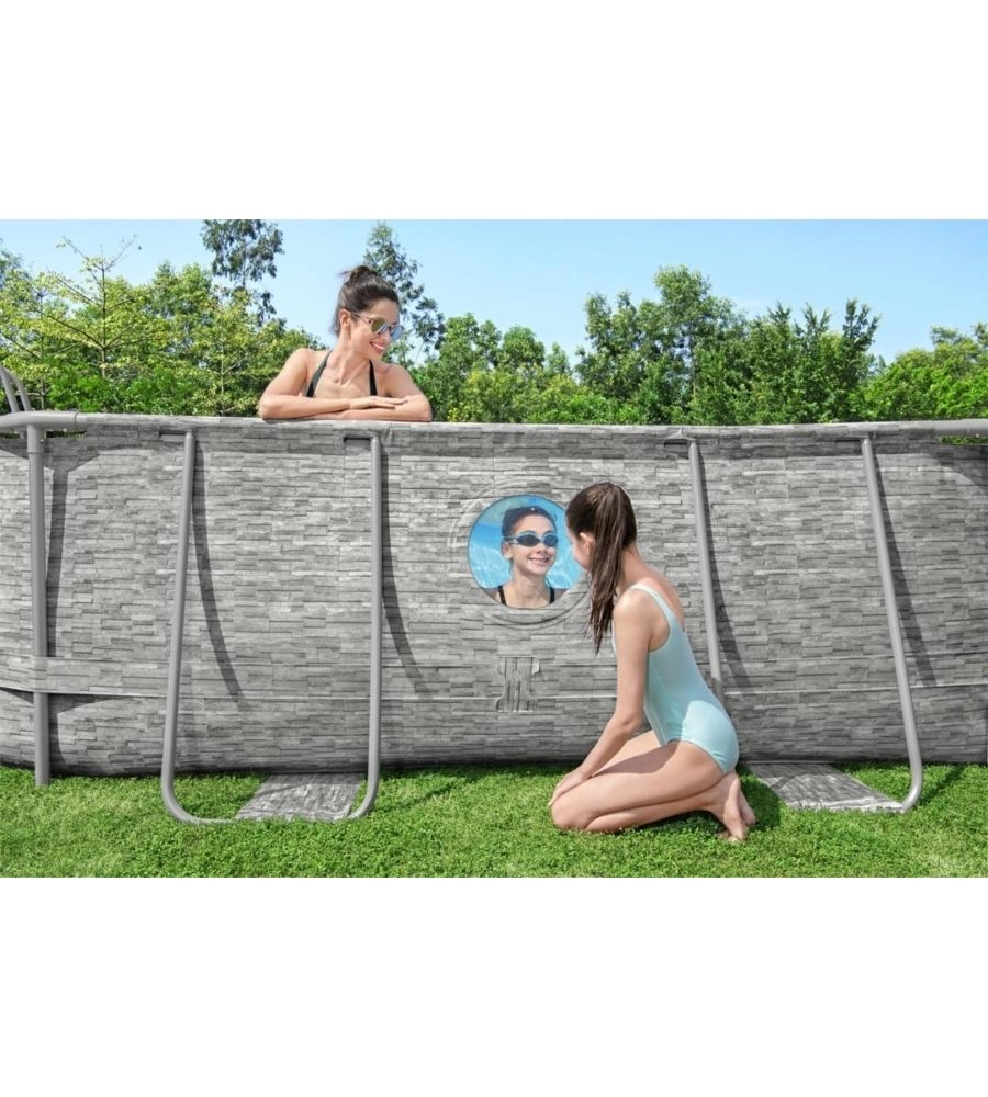 PISCINA FUORI TERRA CON STRUTTURA OVALE BESTWAY "POWER STEEL SWIM VISTA" CON OBLO' EFFETTO PIETRA 488X305X107 CM