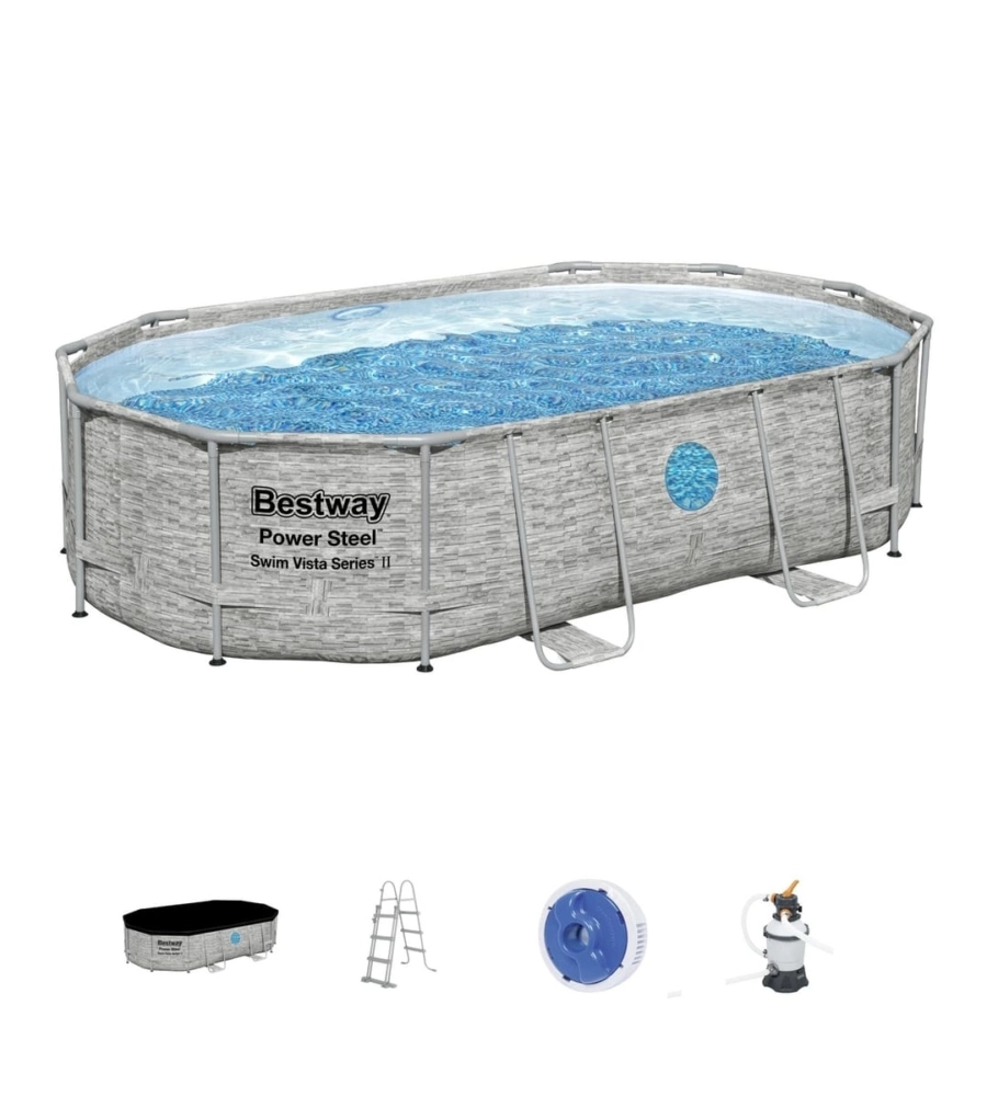 PISCINA FUORI TERRA CON STRUTTURA OVALE BESTWAY "POWER STEEL SWIM VISTA" CON OBLO' EFFETTO PIETRA 488X305X107 CM