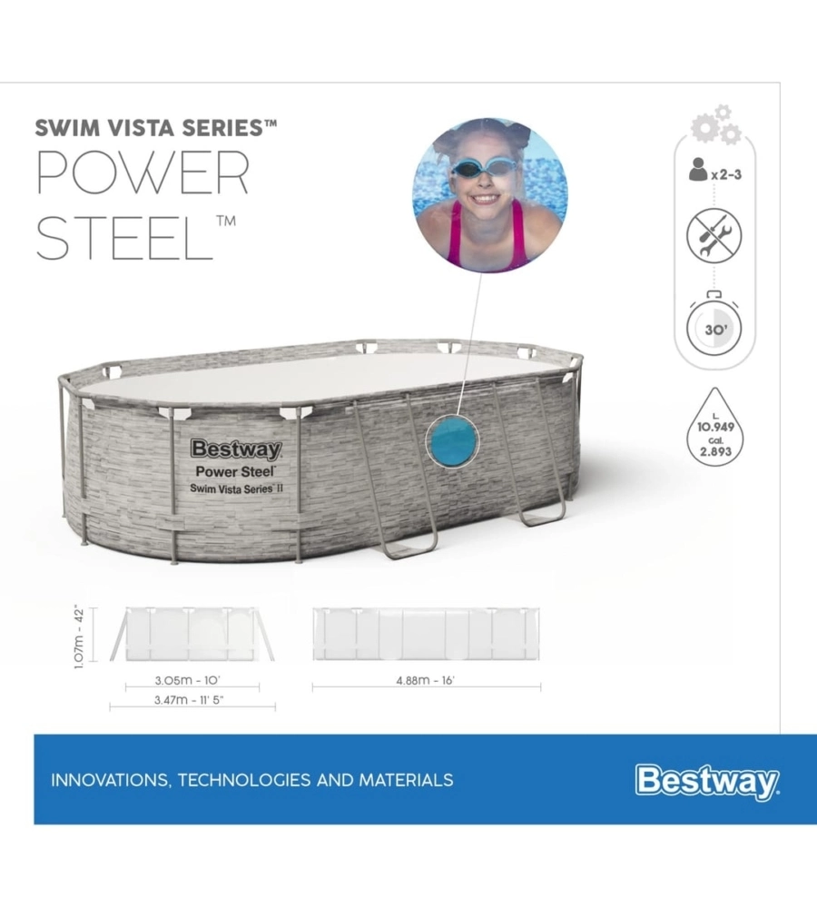 PISCINA FUORI TERRA CON STRUTTURA OVALE BESTWAY "POWER STEEL SWIM VISTA" CON OBLO' EFFETTO PIETRA 488X305X107 CM