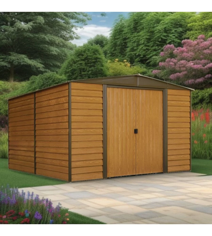 CASETTA DA GIARDINO HABRITA "ARROW WOODRIDGE" IN ACCIAIO ZINCATO EFFETTO LEGNO 313,1X370,2X208,6 CM