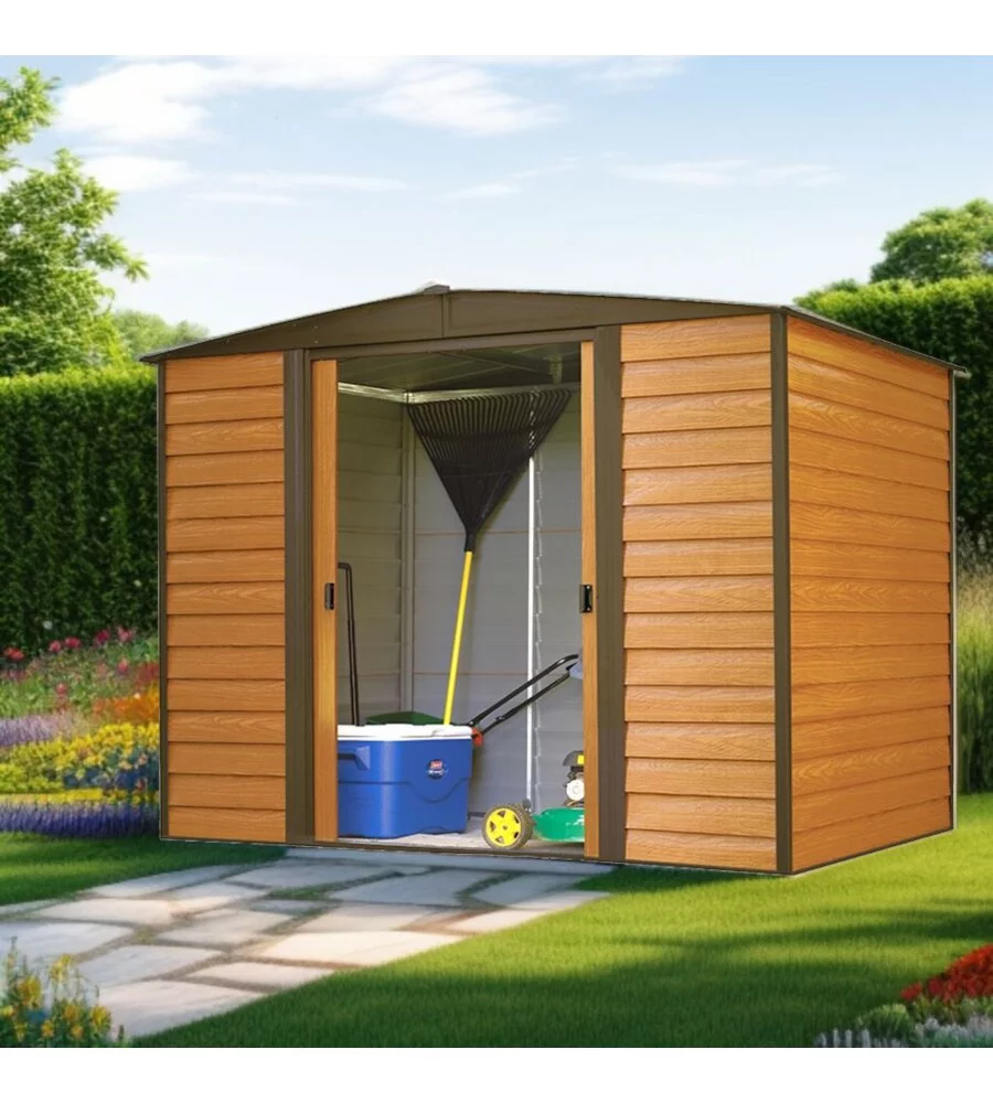 CASETTA DA GIARDINO HABRITA "ARROW WOODRIDGE" IN ACCIAIO ZINCATO EFFETTO LEGNO 253,4X181X201 CM