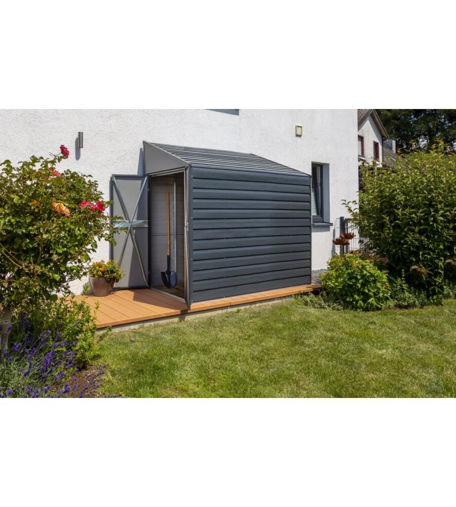 CASETTA DA GIARDINO ADDOSSATA HABRITA "ARROW YARDSAVER" IN ACCIAIO ZINCATO ANTRACITE 124,5X202,6X208,3 CM