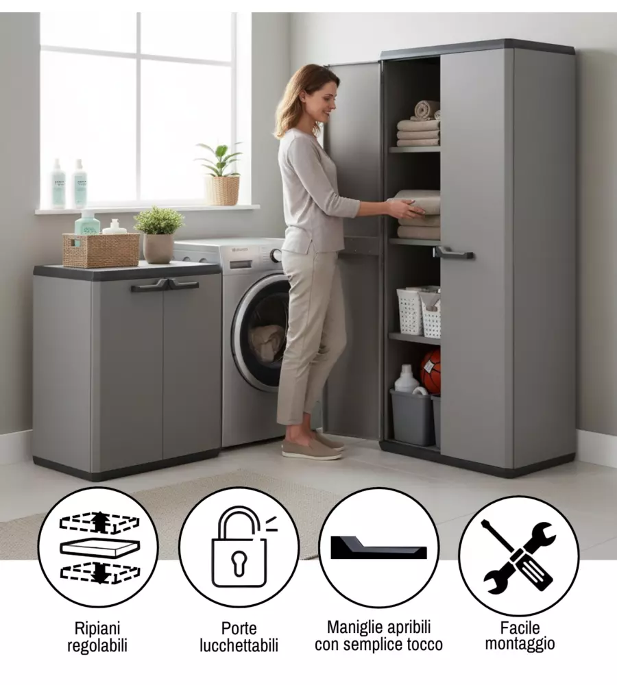 SET 2 ARMADI ALTO E BASSO KETER "PIù" IN RESINA GRIGIO 68X39X166/83 CM