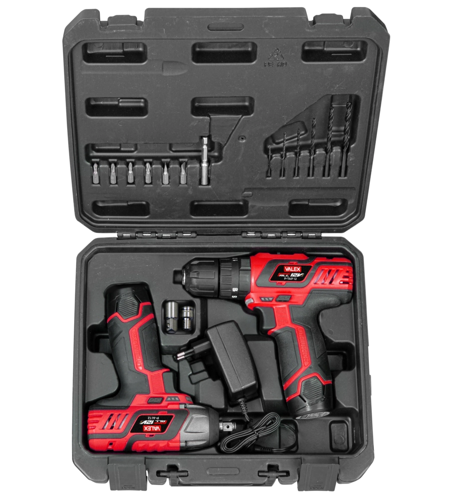 KIT VALIGETTA TRAPANO CON PERCUSSIONE E AVVITATORE IMPULSI A BATTERIA VALEX 2 BATTERIE 12V 2AH E CARICABATTERIE