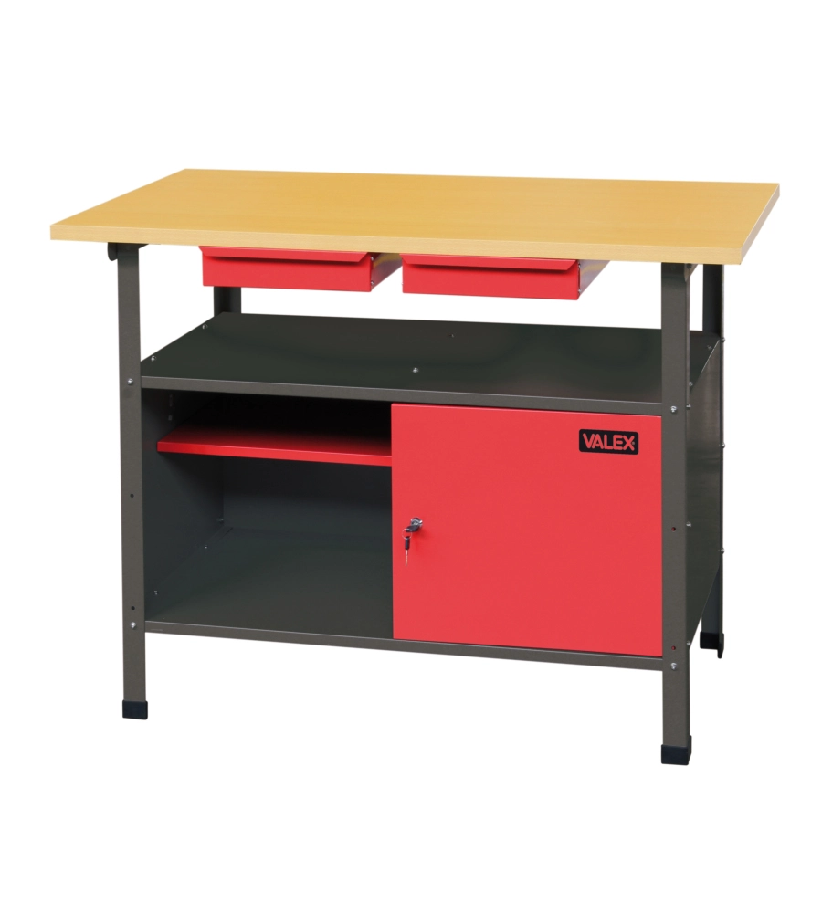 BANCO DA LAVORO VALEX IN LEGNO E ACCIAIO CON 2 CASSETTI E ANTA RICHIUDIBILE 120X60X85 CM
