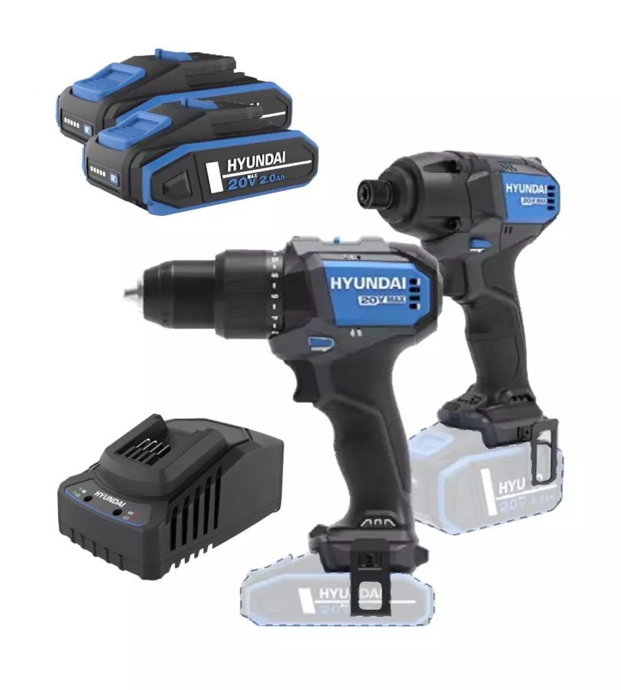 KIT TRAPANO A PERCUSSIONE E AVVITATORE A BATTERIA HYUNDAI 2 BATTERIE 20V 2AH E CARICABATTERIE - COD. 25850