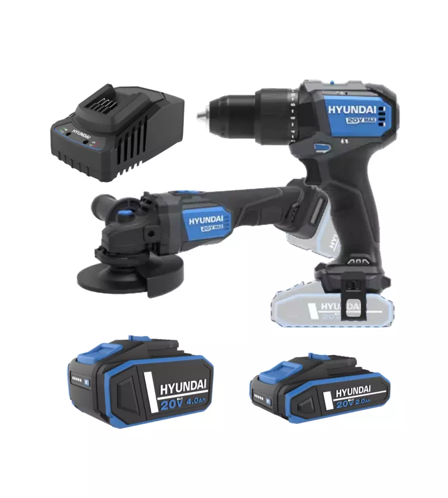 KIT TRAPANO A PERCUSSIONE E SMERIGLIATRICE ANGOLARE A BATTERIA HYUNDAI 2 BATTERIE 20V 2AH/4AH E CARICABATTERIE - COD. 25851