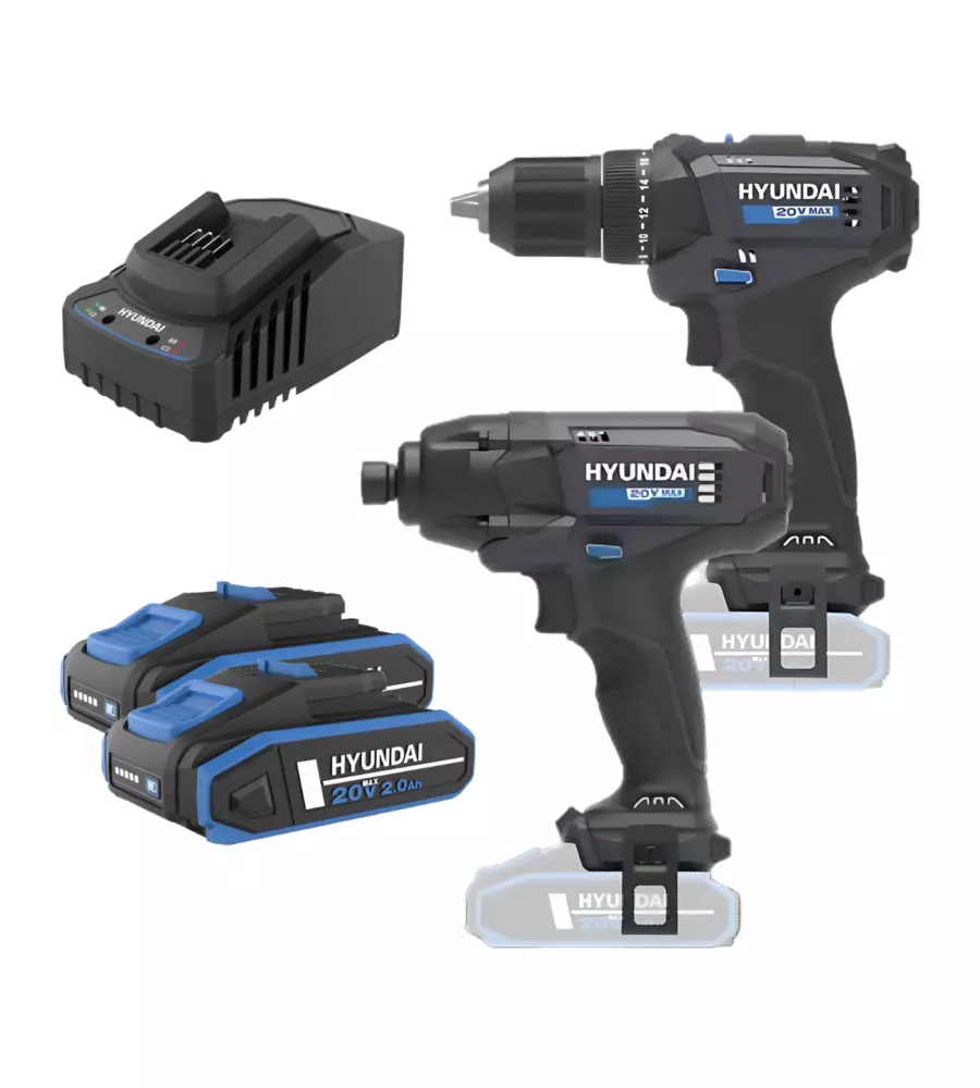 KIT TRAPANO AVVITATORE E AVVITATORE A IMPULSI A BATTERIA HYUNDAI 2 BATTERIE 20V 2AH E CARICABATTERIE - COD. 25852