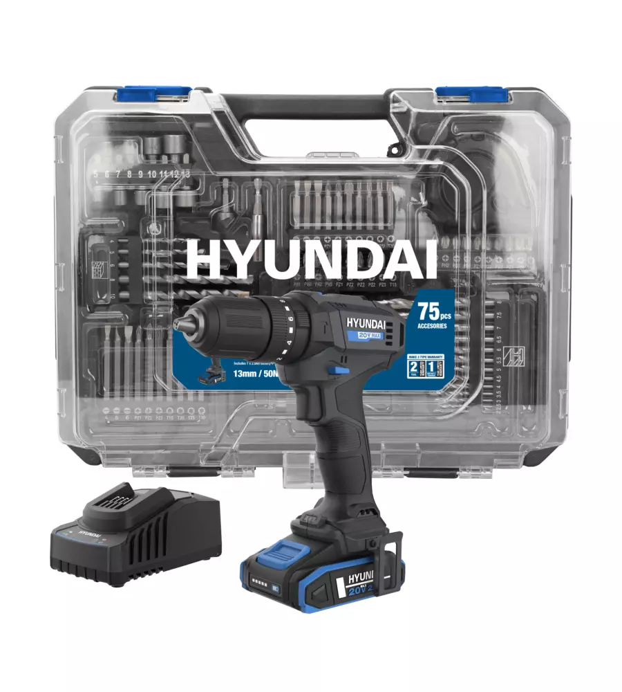 KIT VALIGETTA TRAPANO A PERCUSSIONE A BATTERIA HYUNDAI 50 NM 20V 2AH, CARICABATTERIE E 75 UTENSILI - COD. 25873