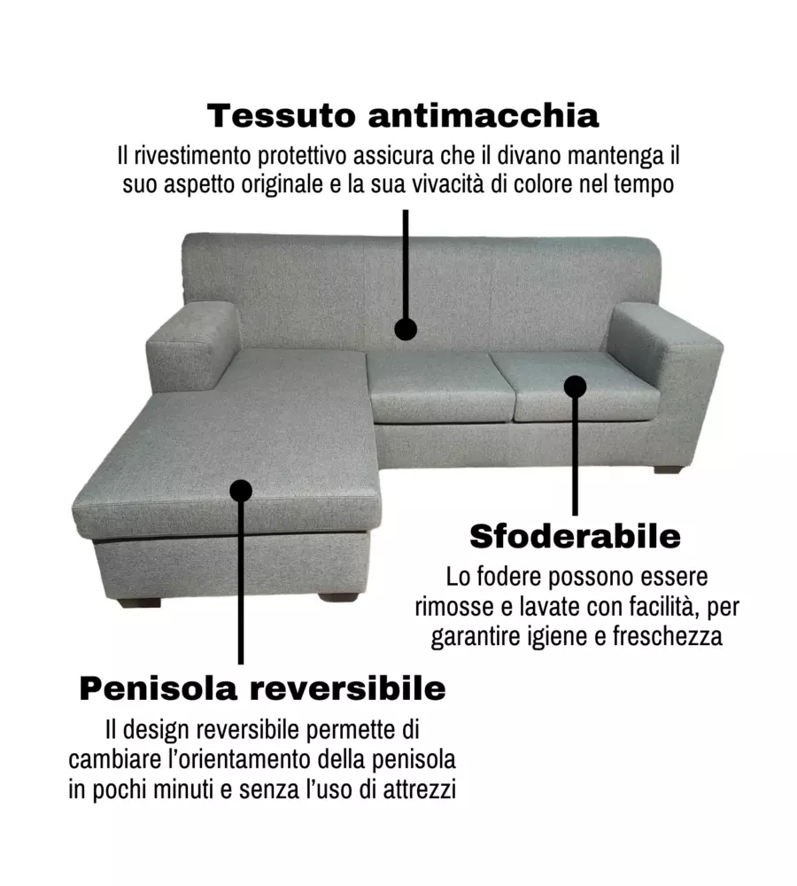 DIVANO CON PENISOLA REVERSIBILE BELLAHOME "TRIS" GRIGIO 218X162X90CM