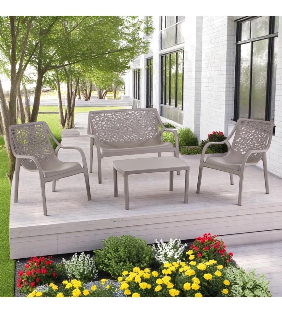 SET DA GIARDINO "HONOLULU" IN POLIPROPILENE TAUPE 1 DIVANO, 2 POLTRONE E 1 TAVOLINO