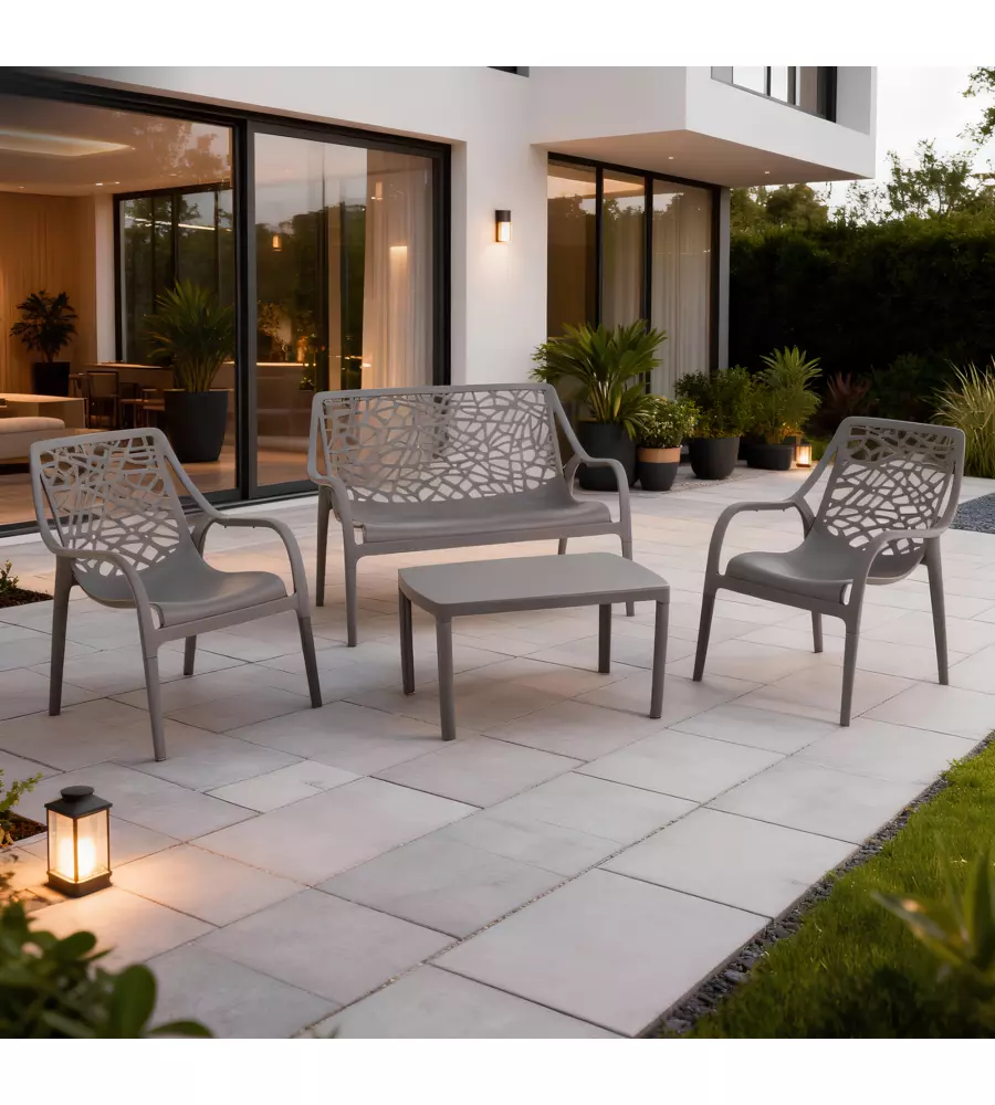 SET DA GIARDINO "HONOLULU" IN POLIPROPILENE TAUPE 1 DIVANO, 2 POLTRONE E 1 TAVOLINO