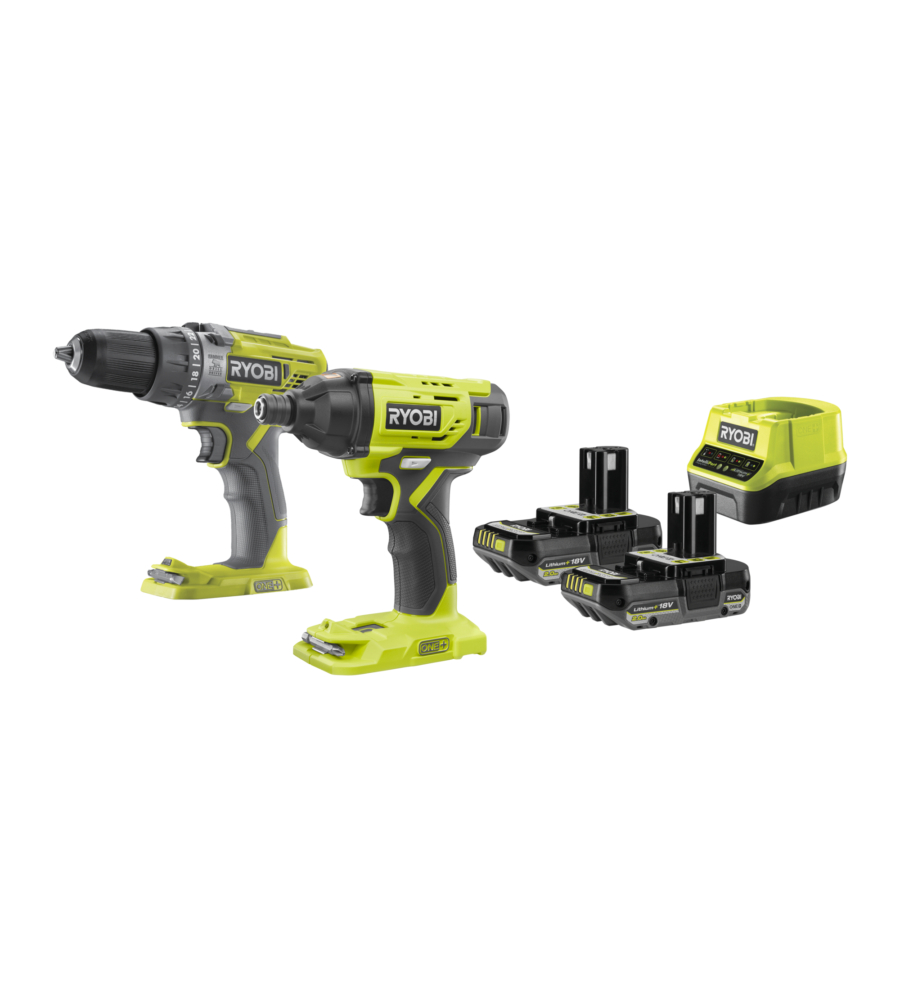 KIT TRAPANO AVVITATORE E AVVITATORE AD IMPULSI A BATTERIA RYOBI "R18CK2-2C20G" 200 NM 2 BATTERIE 18V 2AH E CARICABATTERIE