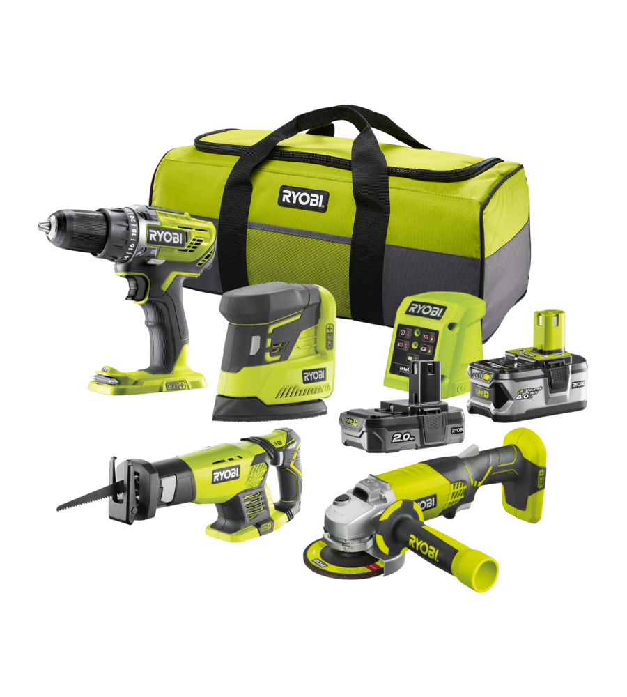 KIT VALIGETTA TRAPANO AVVITATORE, SMERIGLIATRICE ANGOLARE, LEVIGATRICE PALMARE E SEGHETTO GATTUCCIO A BATTERIA RYOBI "R18DD3 + R18AG + RPS18 + RRS1801" 2 BATTERIE 18V 2AH/4AH