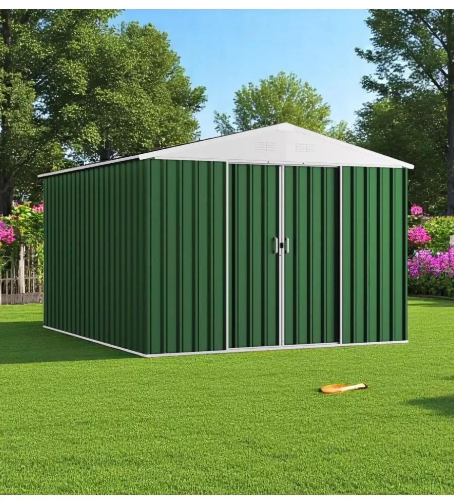 CASETTA DA GIARDINO DOMUS "XL NEW" IN METALLO VERDE CON PORTE SCORREVOLI 267X300X194 CM