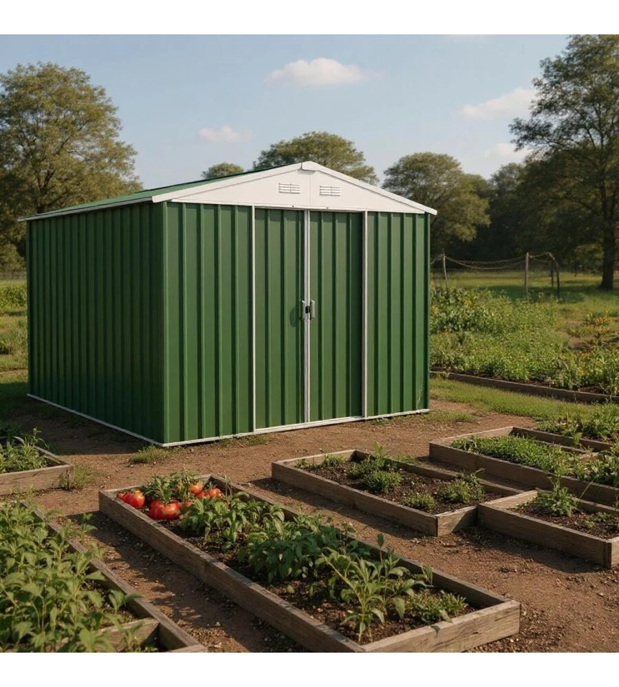 CASETTA DA GIARDINO DOMUS "XL NEW" IN METALLO VERDE CON PORTE SCORREVOLI 267X300X194 CM