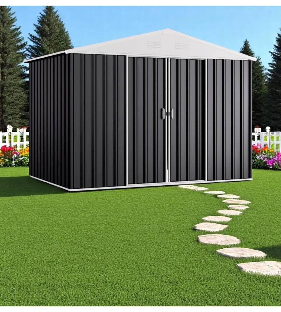 CASETTA DA GIARDINO DOMUS "L NEW" IN METALLO GRIGIO CON PORTE SCORREVOLI 267X173X194 CM