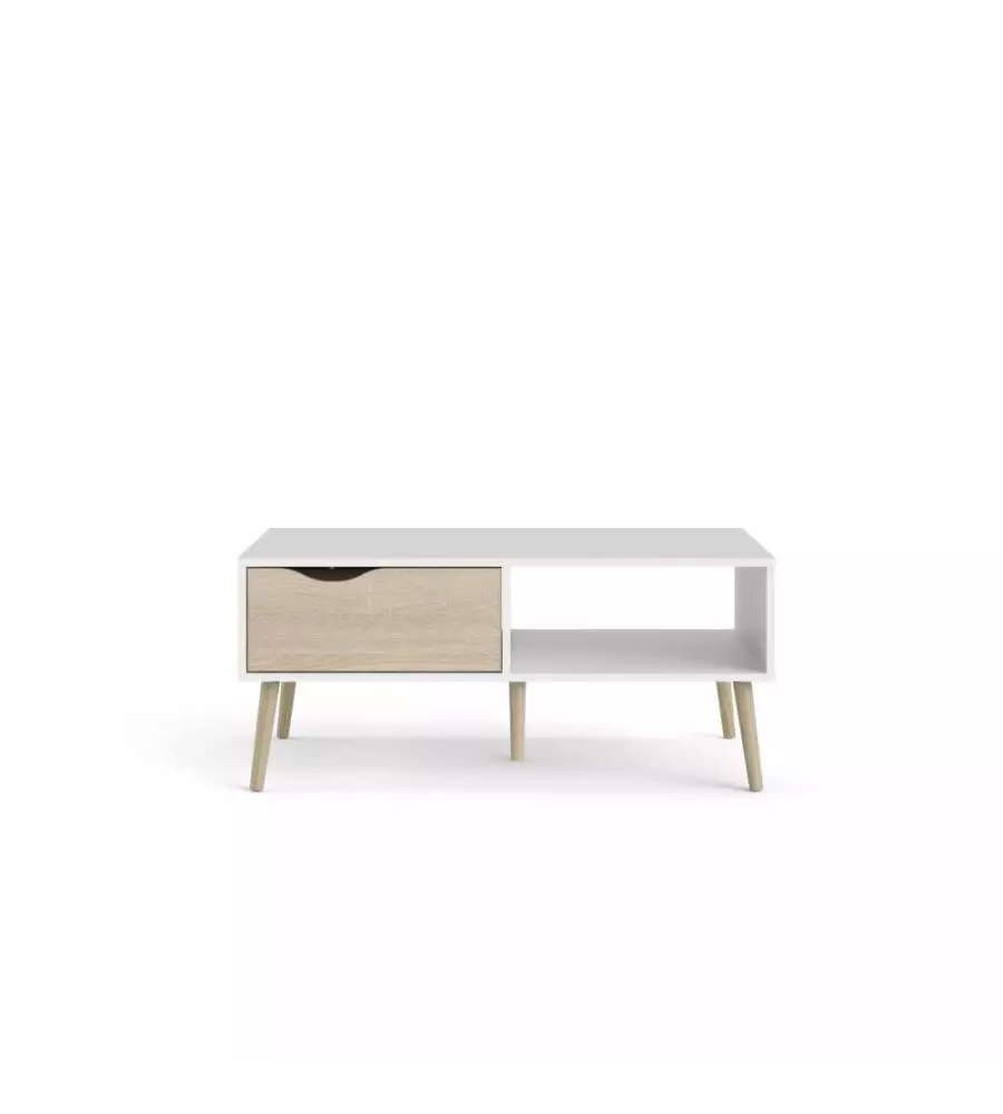 TAVOLINO DA SOGGIORNO "OSLO" BIANCO CON CASSETTO E GAMBE QUERCIA, 98,7X60,2X43,3 CM