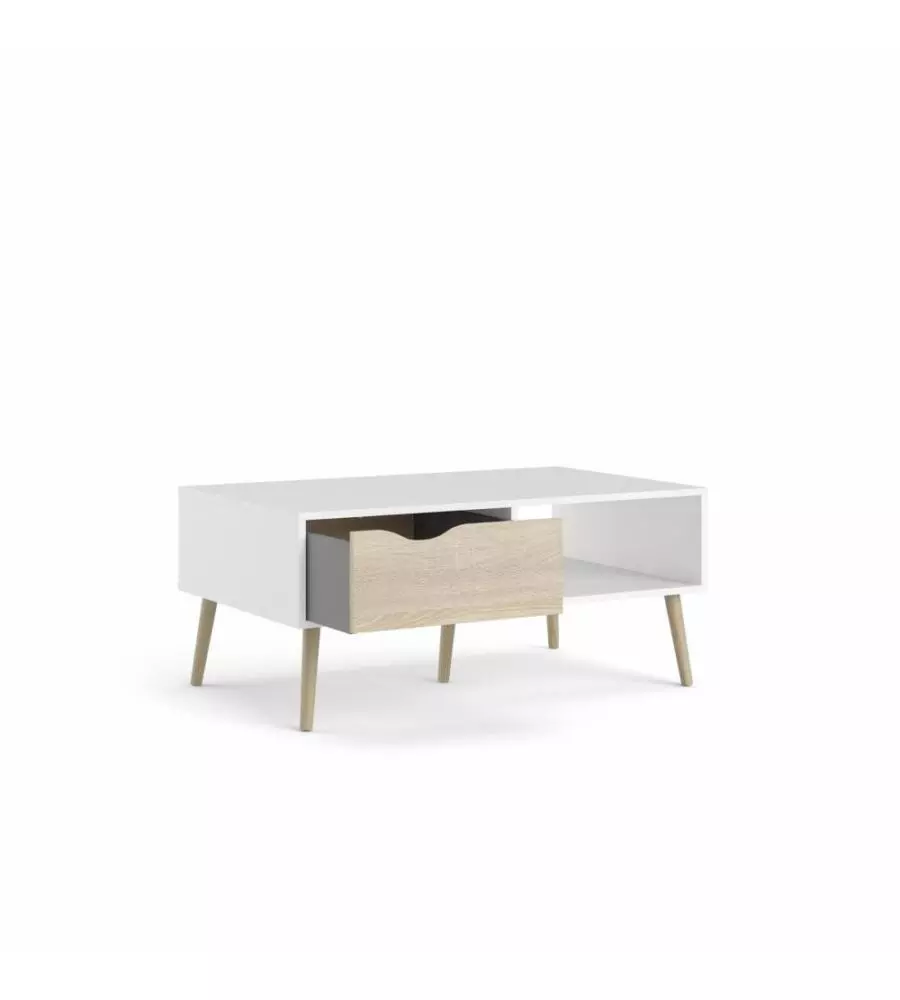 TAVOLINO DA SOGGIORNO "OSLO" BIANCO CON CASSETTO E GAMBE QUERCIA, 98,7X60,2X43,3 CM