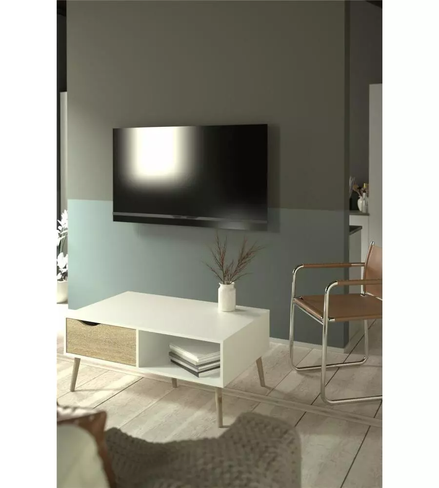 TAVOLINO DA SOGGIORNO "OSLO" BIANCO CON CASSETTO E GAMBE QUERCIA, 98,7X60,2X43,3 CM