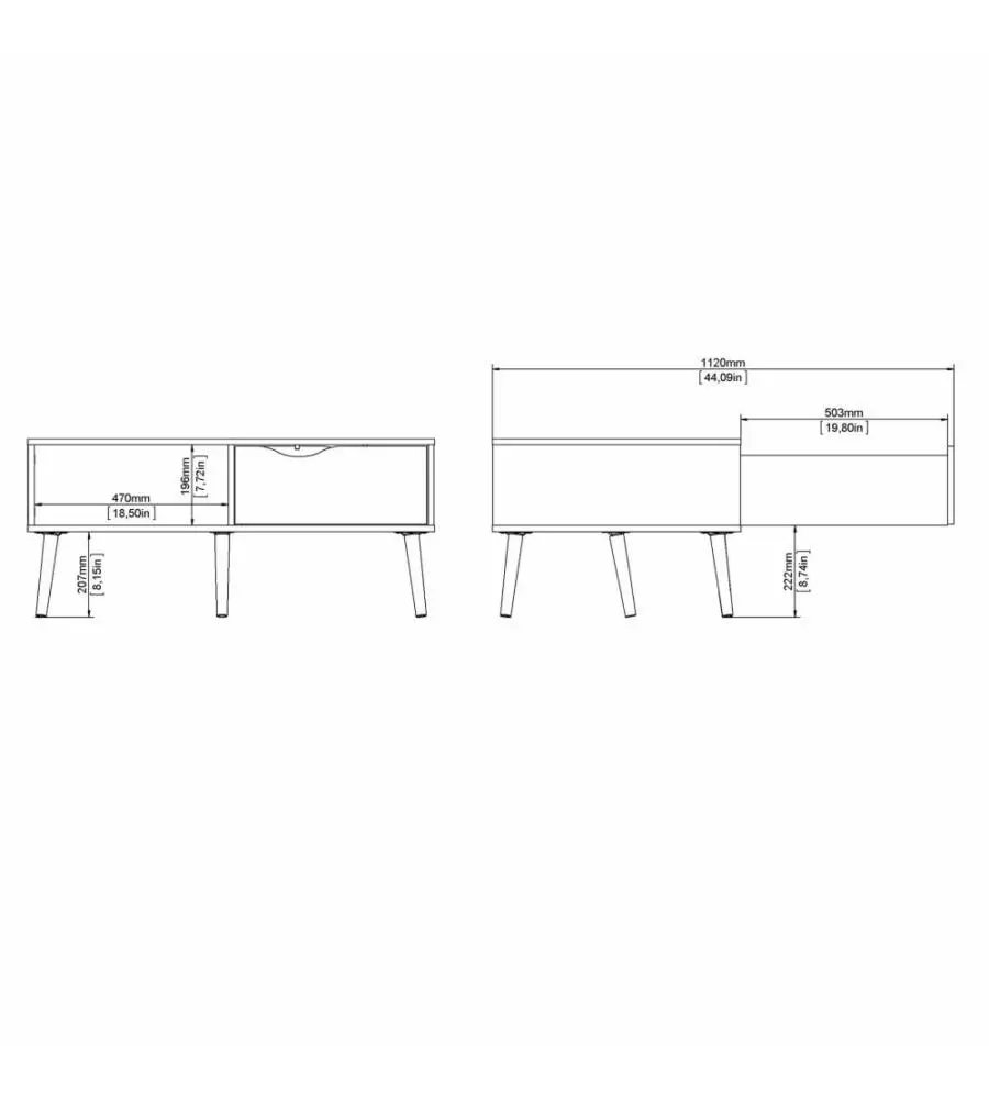 TAVOLINO DA SOGGIORNO "OSLO" BIANCO CON CASSETTO E GAMBE QUERCIA, 98,7X60,2X43,3 CM