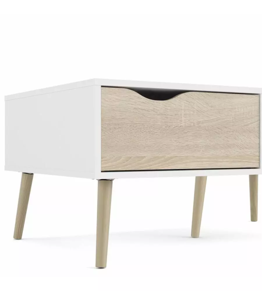TAVOLINO DA SOGGIORNO "OSLO" BIANCO CON CASSETTO E GAMBE QUERCIA, 98,7X60,2X43,3 CM
