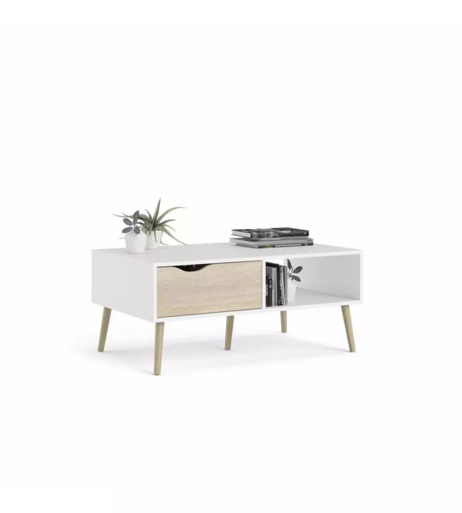 TAVOLINO DA SOGGIORNO "OSLO" BIANCO CON CASSETTO E GAMBE QUERCIA, 98,7X60,2X43,3 CM