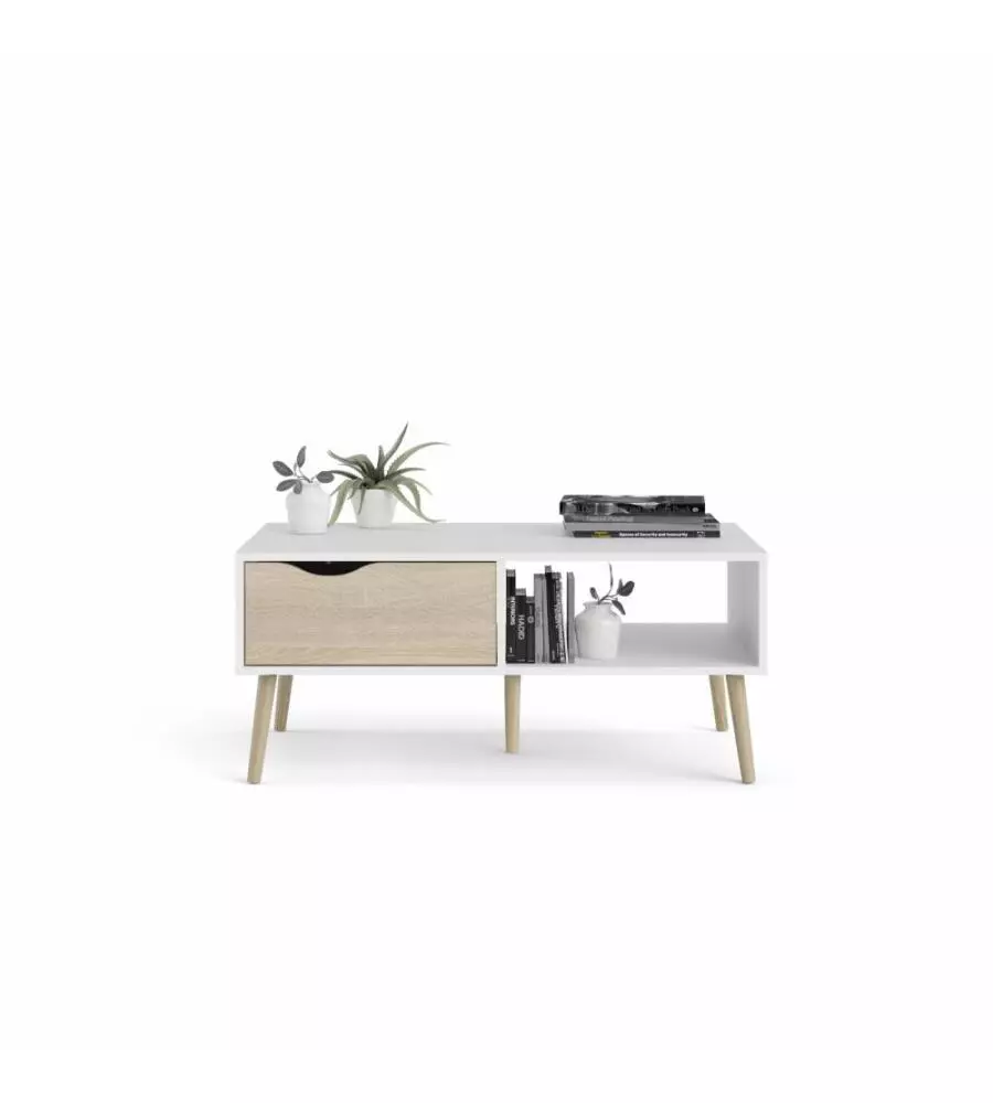 TAVOLINO DA SOGGIORNO "OSLO" BIANCO CON CASSETTO E GAMBE QUERCIA, 98,7X60,2X43,3 CM