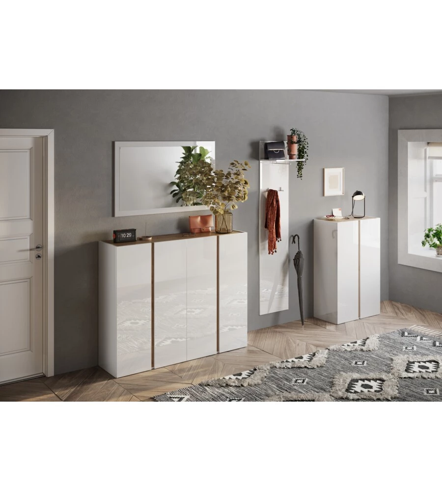 ARMADIO MULTIUSO BASSO CON 2 ANTE E 5 RIPIANI BIANCO LACCATO E ROVERE, 70X35X111 CM
