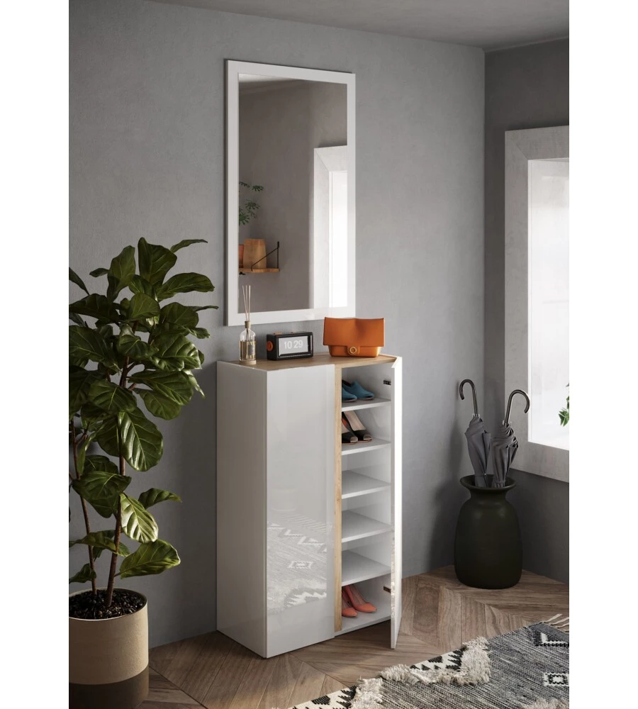 ARMADIO MULTIUSO BASSO CON 2 ANTE E 5 RIPIANI BIANCO LACCATO E ROVERE, 70X35X111 CM