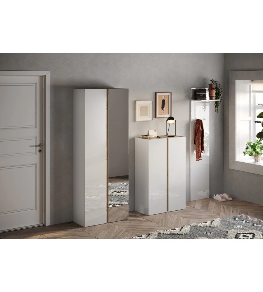 ARMADIO MULTIUSO BASSO CON 2 ANTE E 5 RIPIANI BIANCO LACCATO E ROVERE, 70X35X111 CM