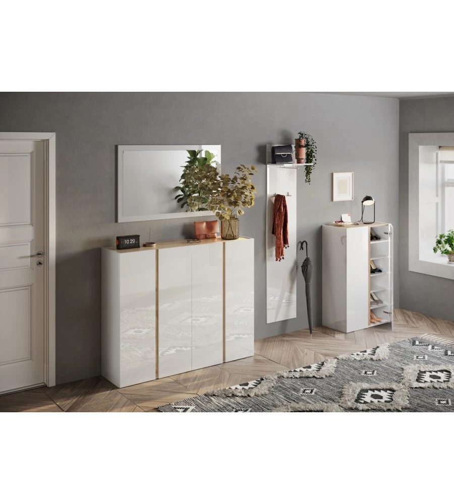 ARMADIO MULTIUSO BASSO CON 2 ANTE E 5 RIPIANI BIANCO LACCATO E ROVERE, 70X35X111 CM