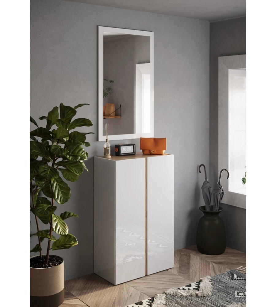 ARMADIO MULTIUSO BASSO CON 2 ANTE E 5 RIPIANI BIANCO LACCATO E ROVERE, 70X35X111 CM