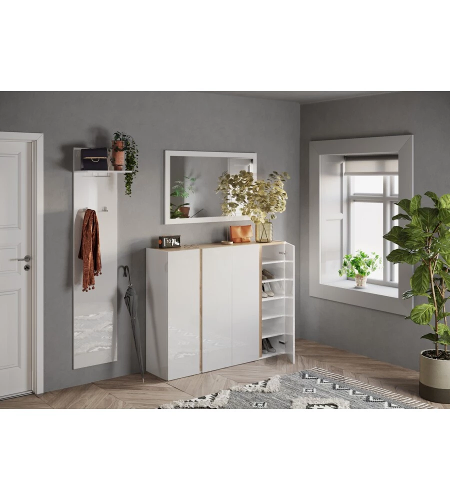 ARMADIO MULTIUSO BASSO CON 4 ANTE E 10 RIPIANI BIANCO LACCATO E ROVERE, 140X35X111 CM