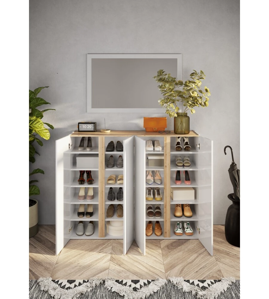 ARMADIO MULTIUSO BASSO CON 4 ANTE E 10 RIPIANI BIANCO LACCATO E ROVERE, 140X35X111 CM