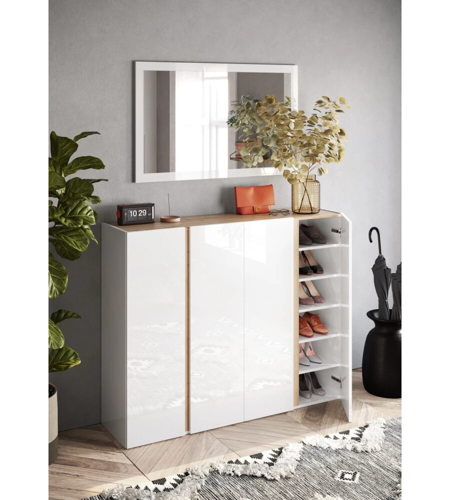 ARMADIO MULTIUSO BASSO CON 4 ANTE E 10 RIPIANI BIANCO LACCATO E ROVERE, 140X35X111 CM