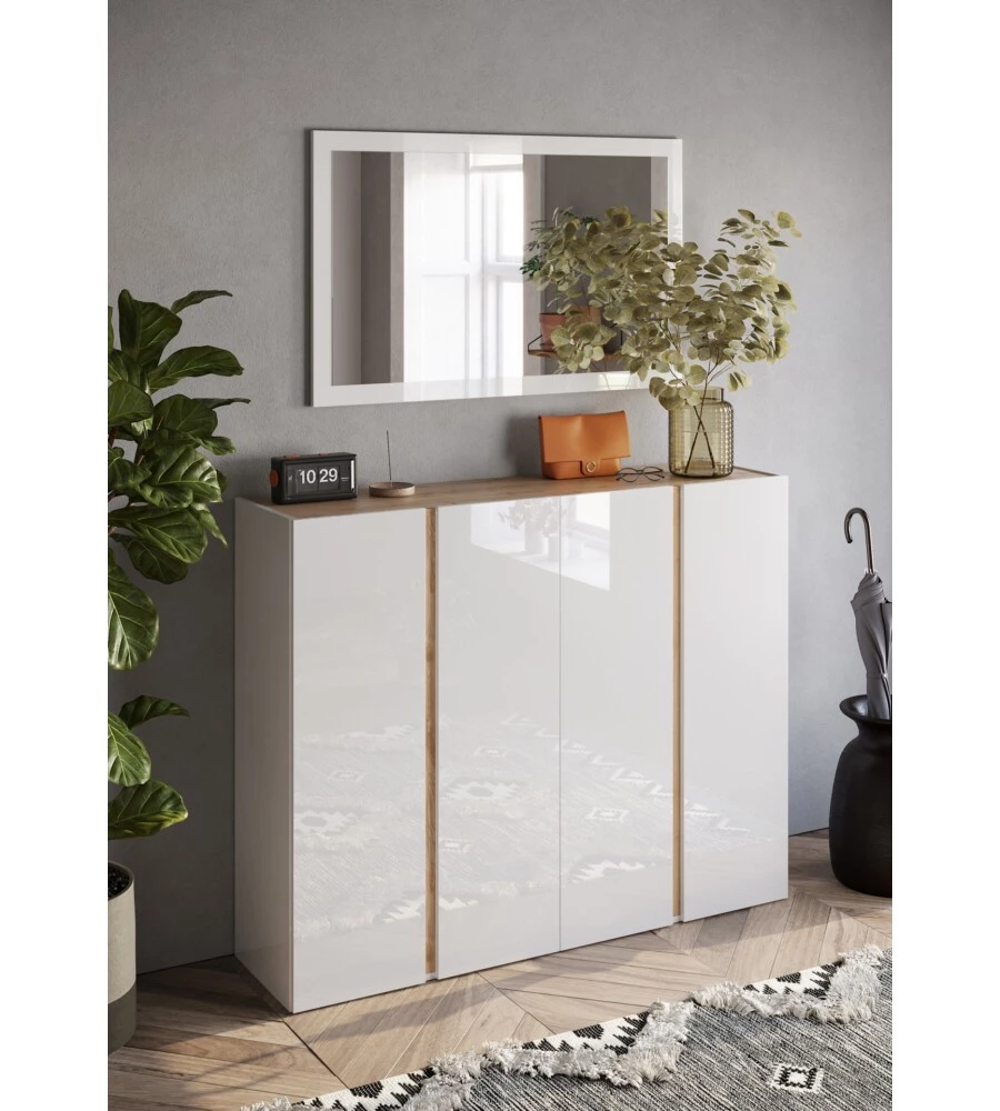 ARMADIO MULTIUSO BASSO CON 4 ANTE E 10 RIPIANI BIANCO LACCATO E ROVERE, 140X35X111 CM