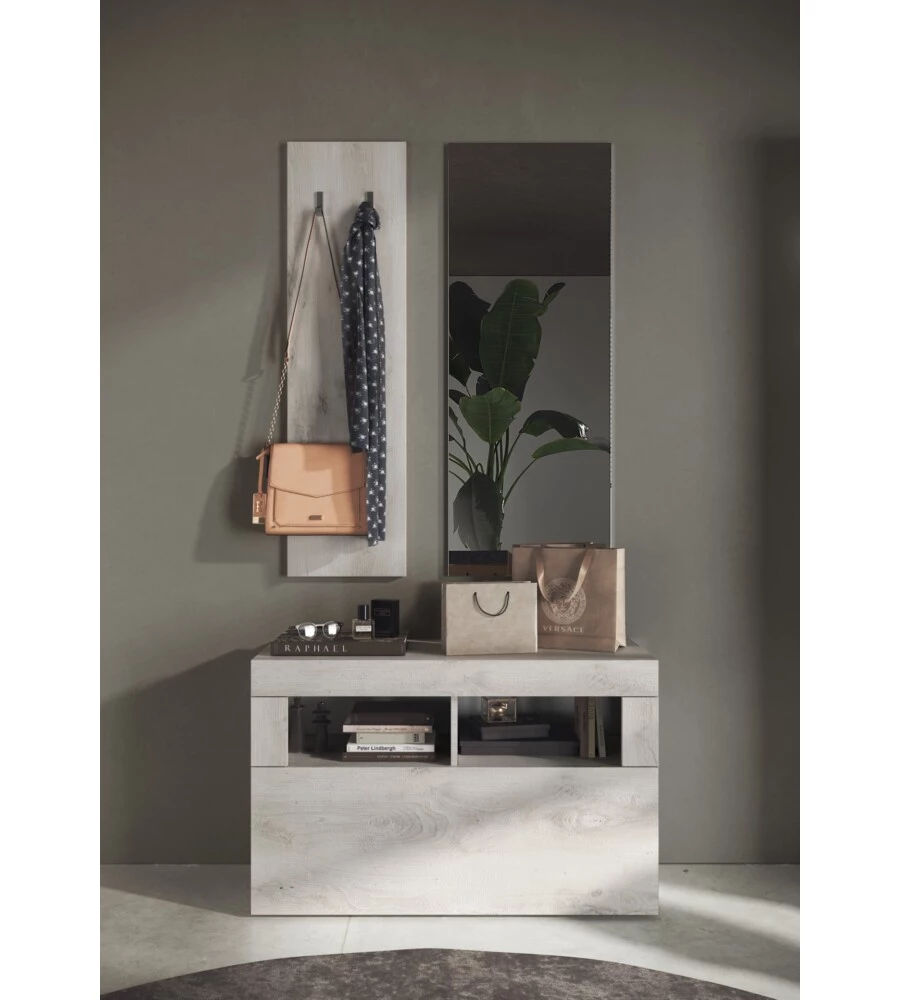 MOBILE DA INGRESSO "BASIC" CON SPECCHIO E APPENDIABITI PINO BIANCO, 91X36X165 CM
