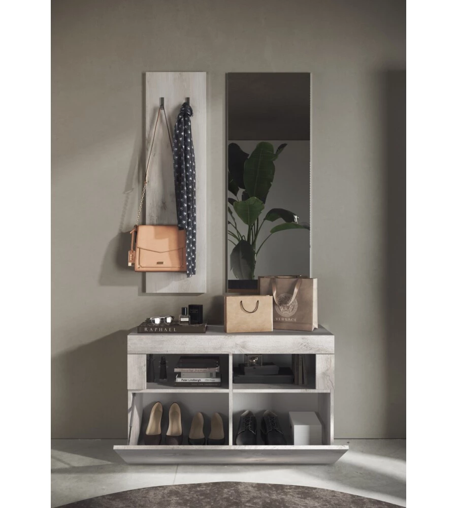 MOBILE DA INGRESSO "BASIC" CON SPECCHIO E APPENDIABITI PINO BIANCO, 91X36X165 CM
