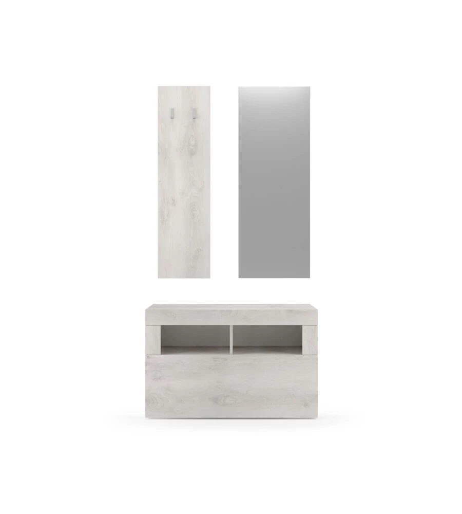 MOBILE DA INGRESSO "BASIC" CON SPECCHIO E APPENDIABITI PINO BIANCO, 91X36X165 CM