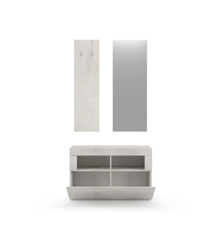 MOBILE DA INGRESSO "BASIC" CON SPECCHIO E APPENDIABITI PINO BIANCO, 91X36X165 CM