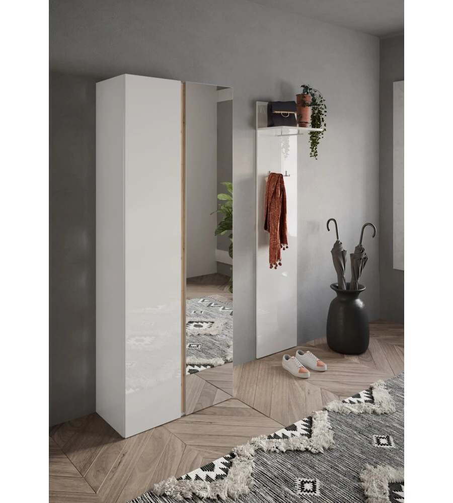 APPENDIABITI A PANNELLO "FRAME" CON 2 GANCI E RIPIANO BIANCO LUCIDO, 40X28X184 CM