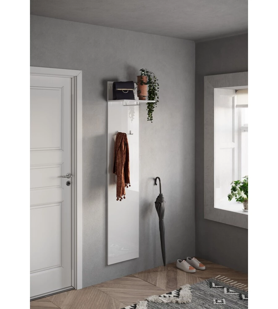 APPENDIABITI A PANNELLO "FRAME" CON 2 GANCI E RIPIANO BIANCO LUCIDO, 40X28X184 CM