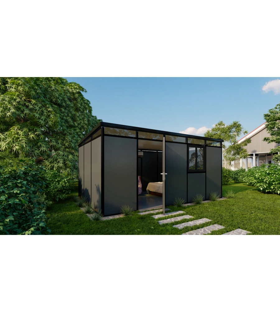 CASETTA DA GIARDINO PREFABBRICATA IN PVC E ALLUMINIO ARTPLAST "MODULARE" NERO E GRIGIO 3X5 MT
