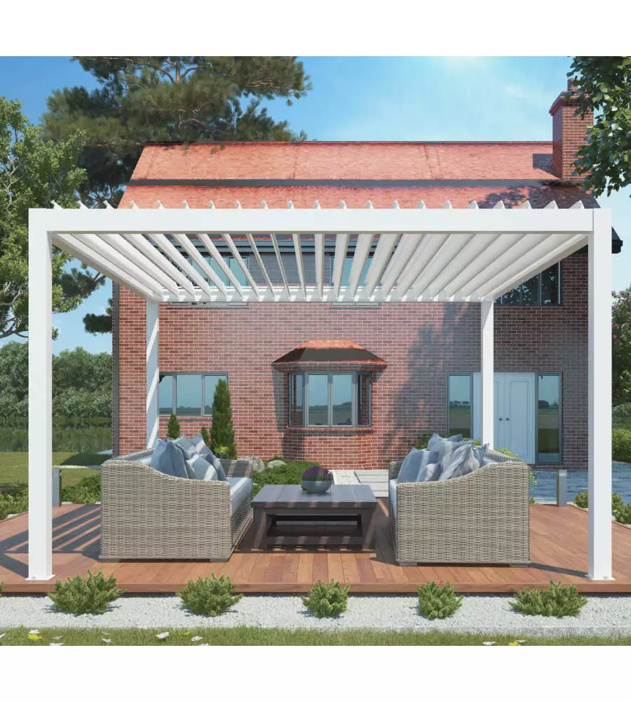 PERGOLA BIOCLIMATICA MOTORIZZATA RIVIERA "BOUGANVILLE" IN ALLUMINIO BIANCO 400X400X250 CM