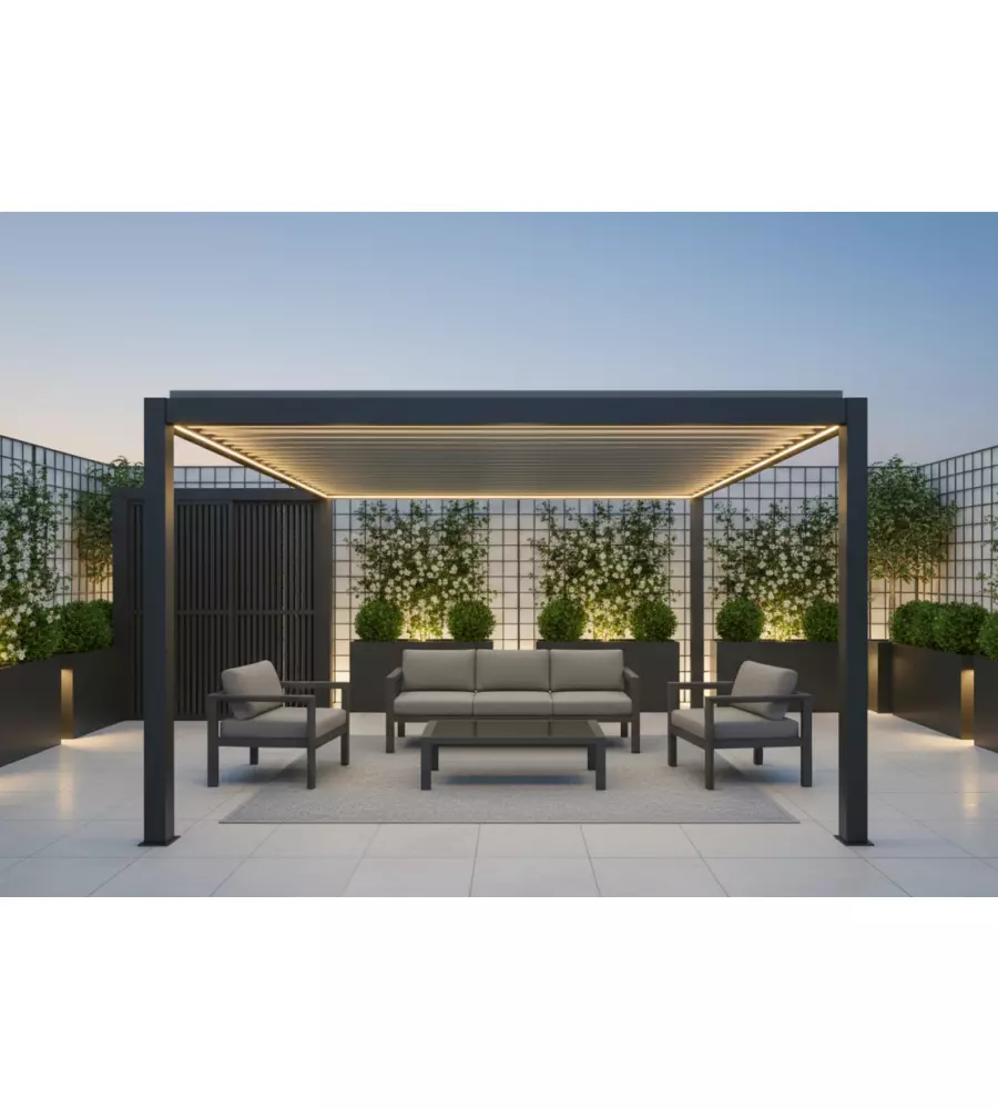 PERGOLA BIOCLIMATICA MOTORIZZATA RIVIERA "QUADRIFOGLIO" IN ALLUMINIO ANTRACITE 400X300X250 CM