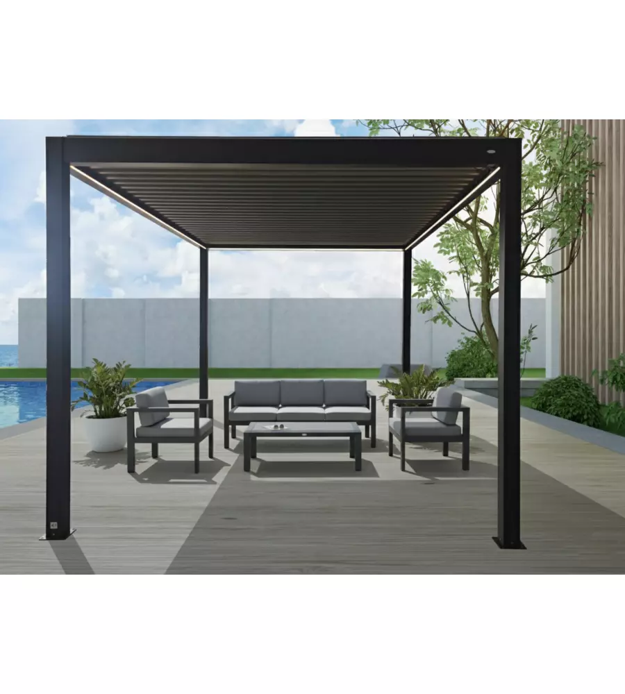 PERGOLA BIOCLIMATICA MOTORIZZATA RIVIERA "QUADRIFOGLIO" IN ALLUMINIO ANTRACITE 400X300X250 CM