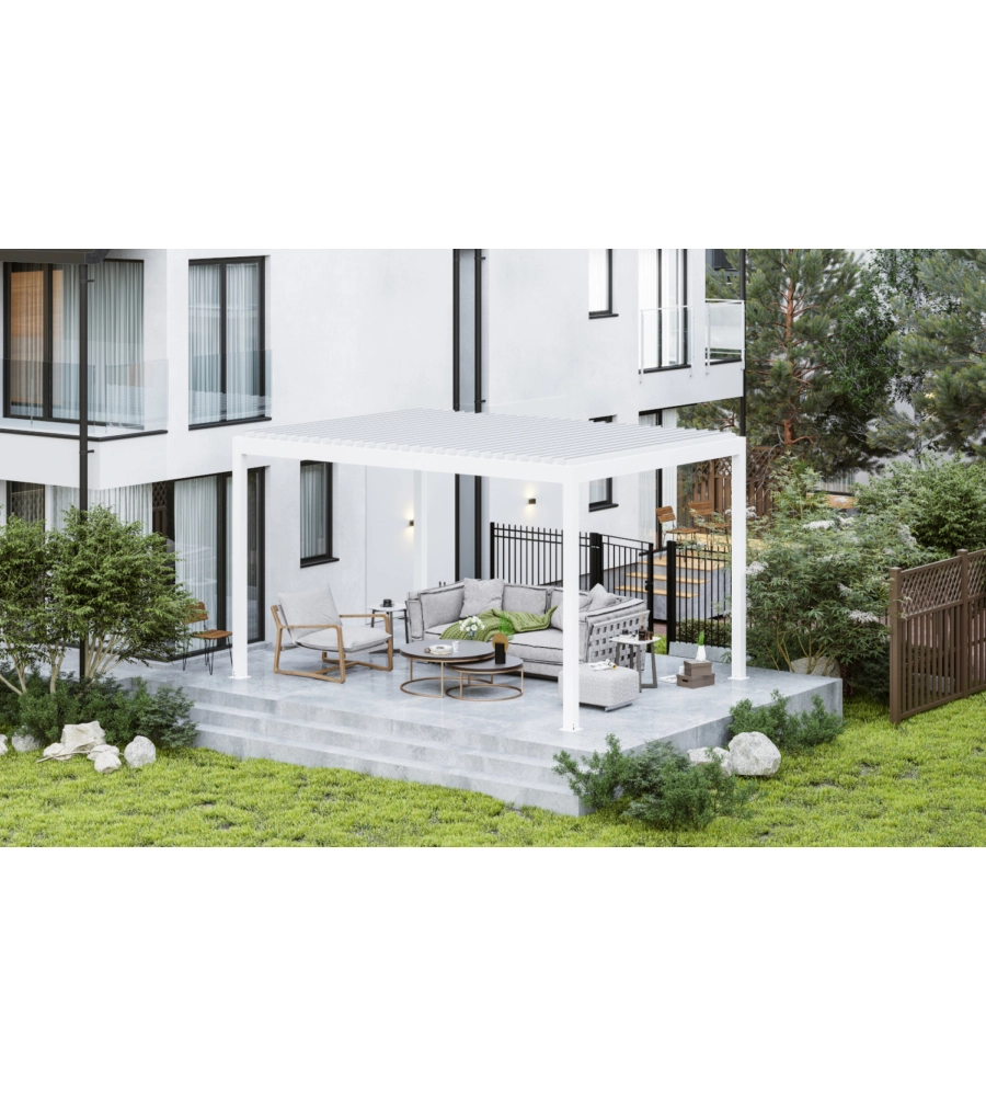 PERGOLA BIOCLIMATICA MOTORIZZATA RIVIERA "QUADRIFOGLIO" IN ALLUMINIO BIANCO 400X300X250 CM