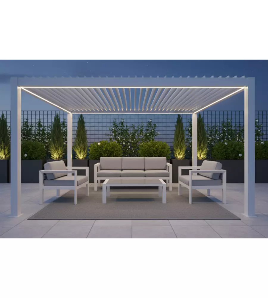 PERGOLA BIOCLIMATICA MOTORIZZATA RIVIERA "QUADRIFOGLIO" IN ALLUMINIO BIANCO 4X3X2,5 MT
